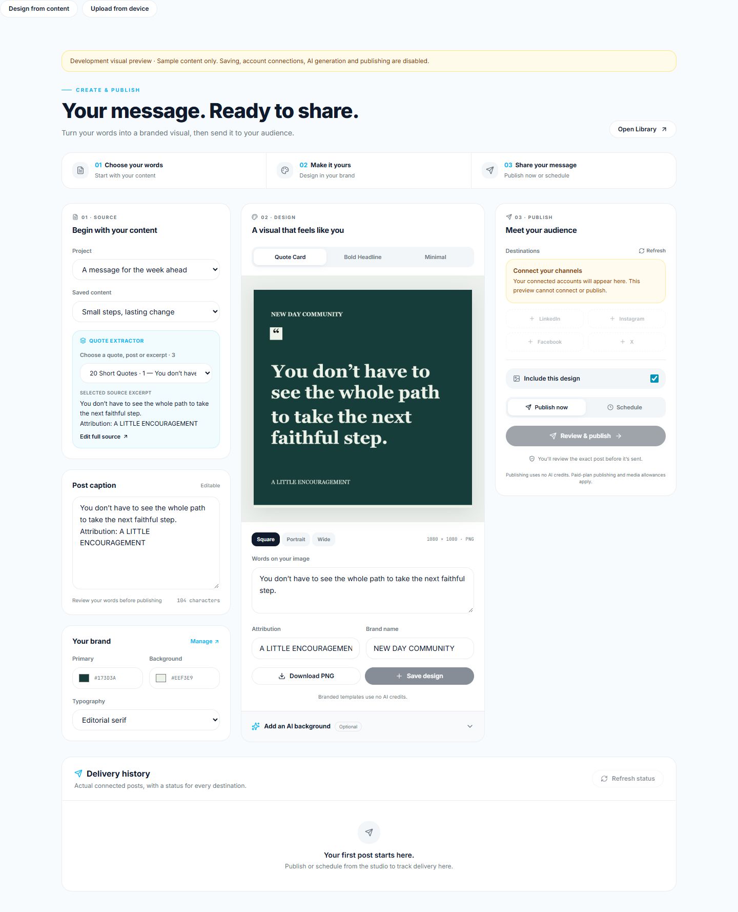 Sample KoinoScript workspace: a quote card in the design panel, with source content and publishing controls alongside it.